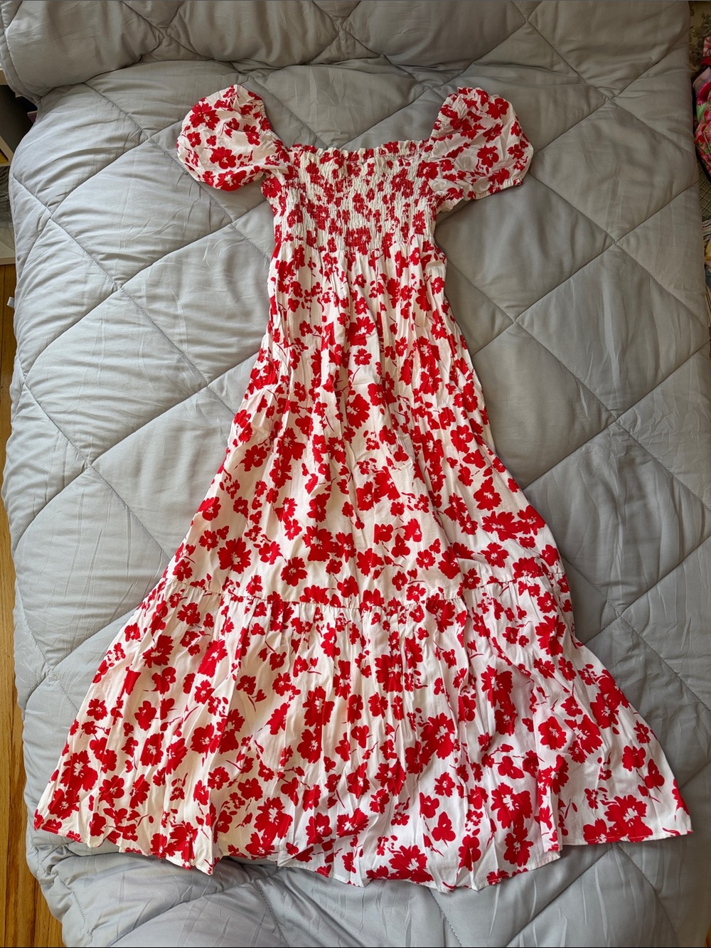 Zara White Maxi Dress with Red Floral Print and Puff Sleeves